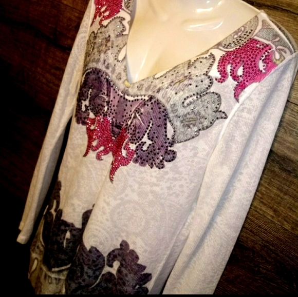 One World Top Size M Waffle Rhinestone Paisley NEW - Picture 6 of 16